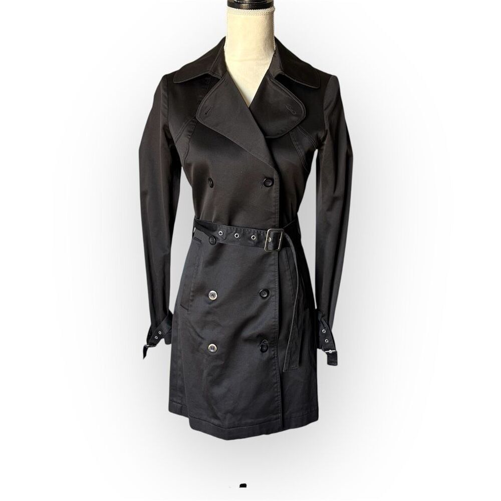 Saba Black Double Breasted Satin Finish Trench Coat Belted size Small Classic